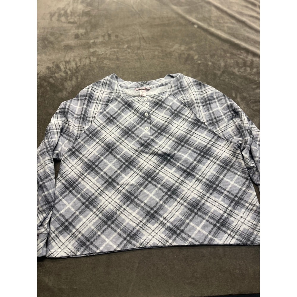 Victorias‎ Secret Blue White Plaid Thermal Henley Pajama Top Medium 5119